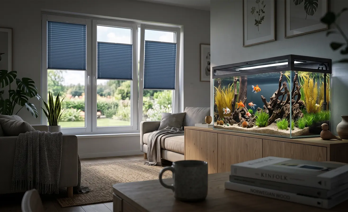 Aquarium on a cabinet in a dark living room, in the background blue standard pleated blinds on the window