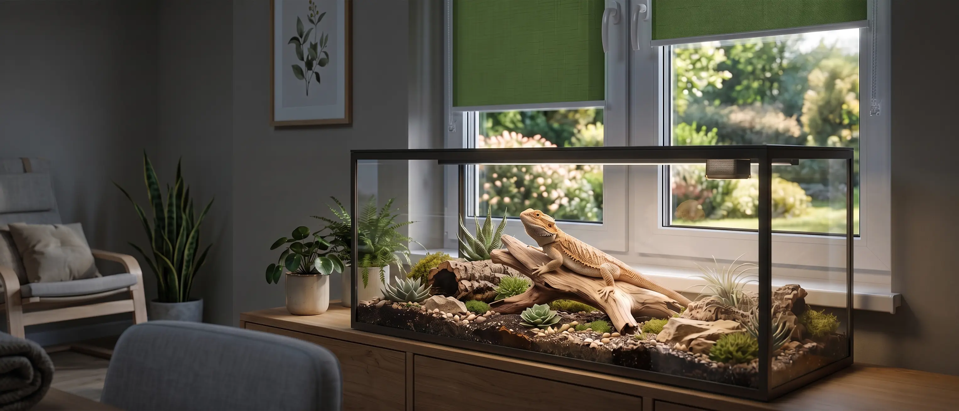 Agama brodata w małym terrarium w tle roleta standard w kolorze zielonym na oknie