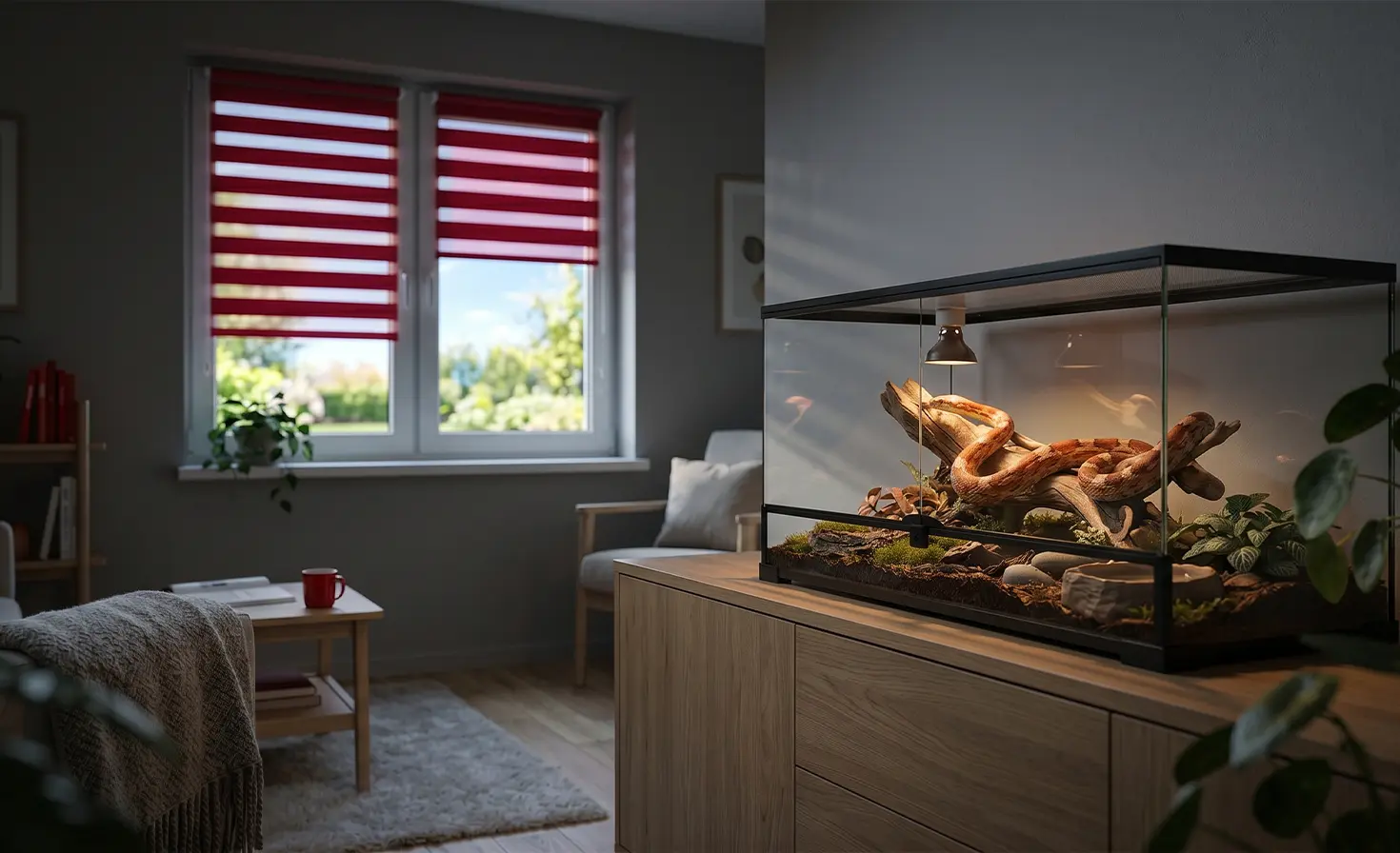 Pomarańczowo-czerwony wąż zbożowy w terrarium w salonie w tle roleta dzień-noc malinowy mus na oknie