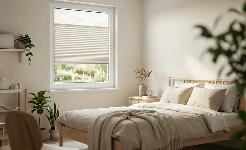 A minimalist bedroom featuring pearl-colored pleated curtains on the window, wood accents, and plants in a bright, harmonious space