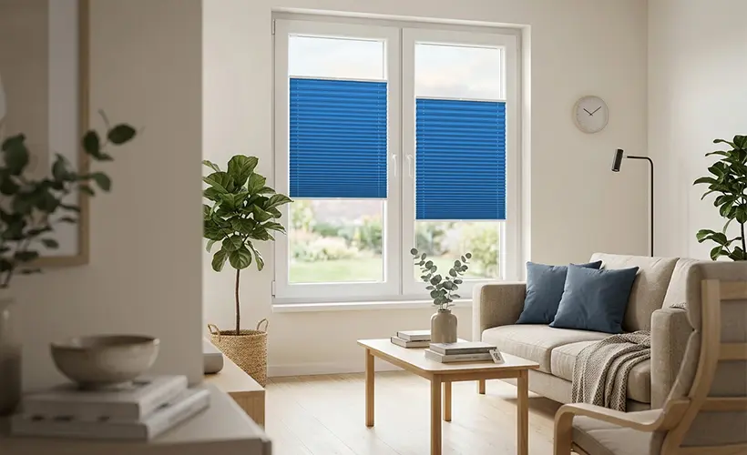 Jasny salon dużym oknem, plisami okiennymi w kolorze niebieskim, drewnianymi meblami i aranżacją w odcieniu Cloud Dancer