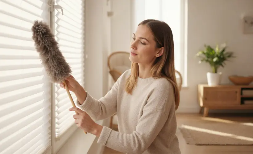 A woman removing dust from white window blinds with a feather duster.