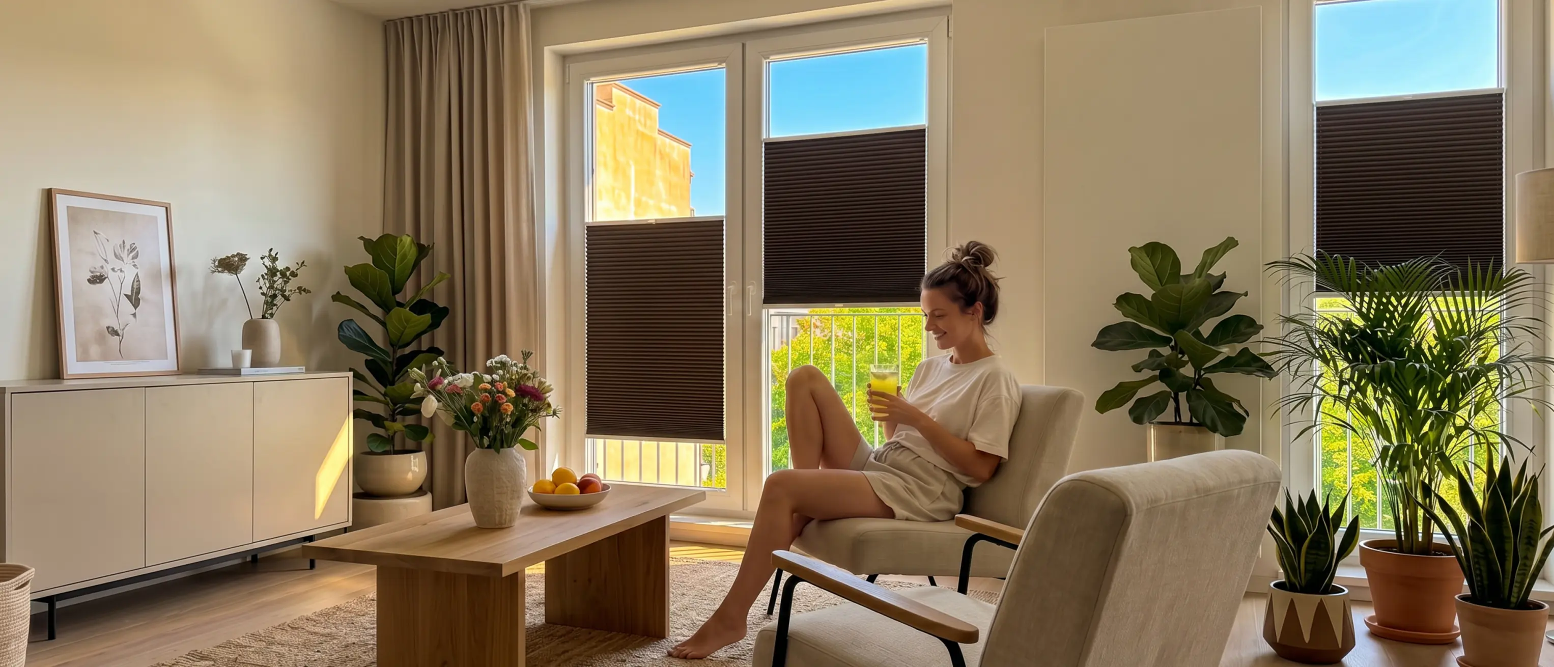 Woman sitting in an armchair in a sunny living room with brown pleated blinds on the windows