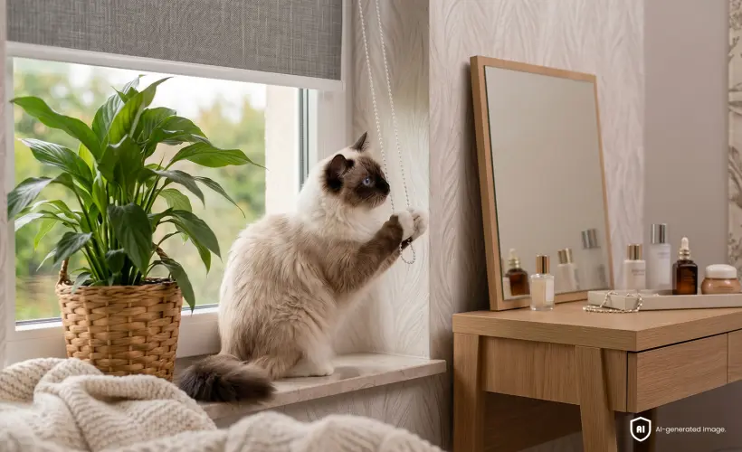 Cat sitting on a windowsill next to a plant, playing with the blind chain.