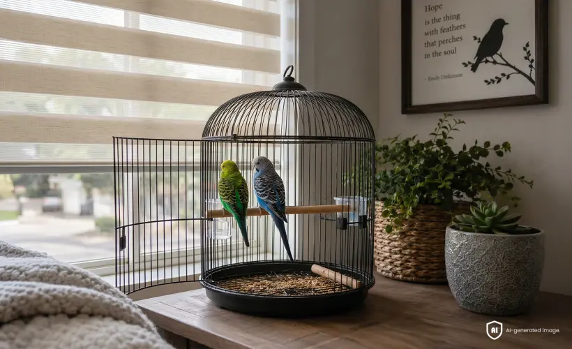 Colourful parrots in an open cage on a desk by a window with a beige day-and-night blind.