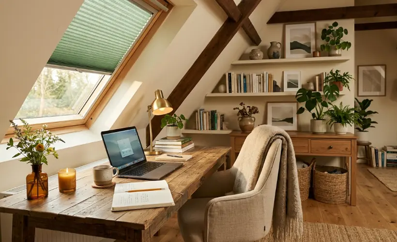 Cosy, modern boho-style attic office with a green skylight pleated blind