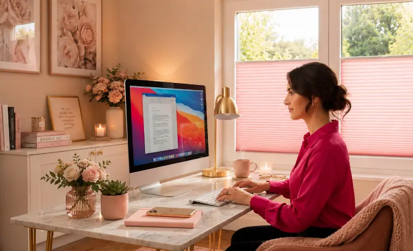 Woman working at a computer in a modern pink office, with powder-pink standard pleated blinds in the background