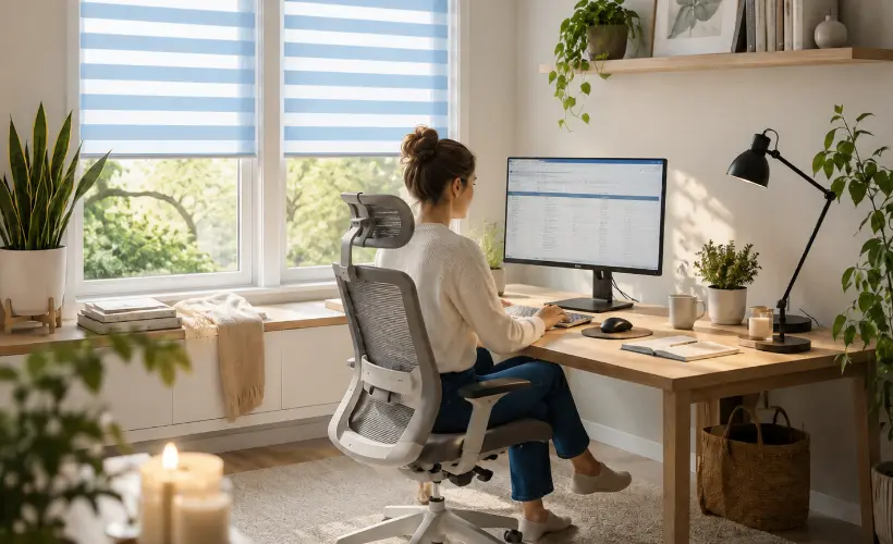 Woman working at a computer in a bright office with blue day and night blinds on the windows
