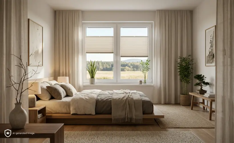 A cosy beige Japandi-style bedroom with beige pleated blinds on the window.