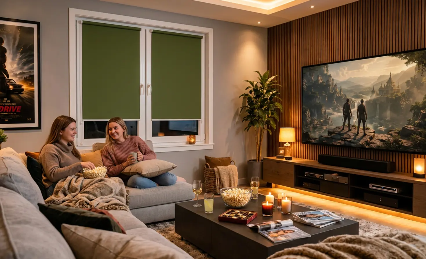 Kobiety siedzące na kanapie przed telewizorem w kinie domowym