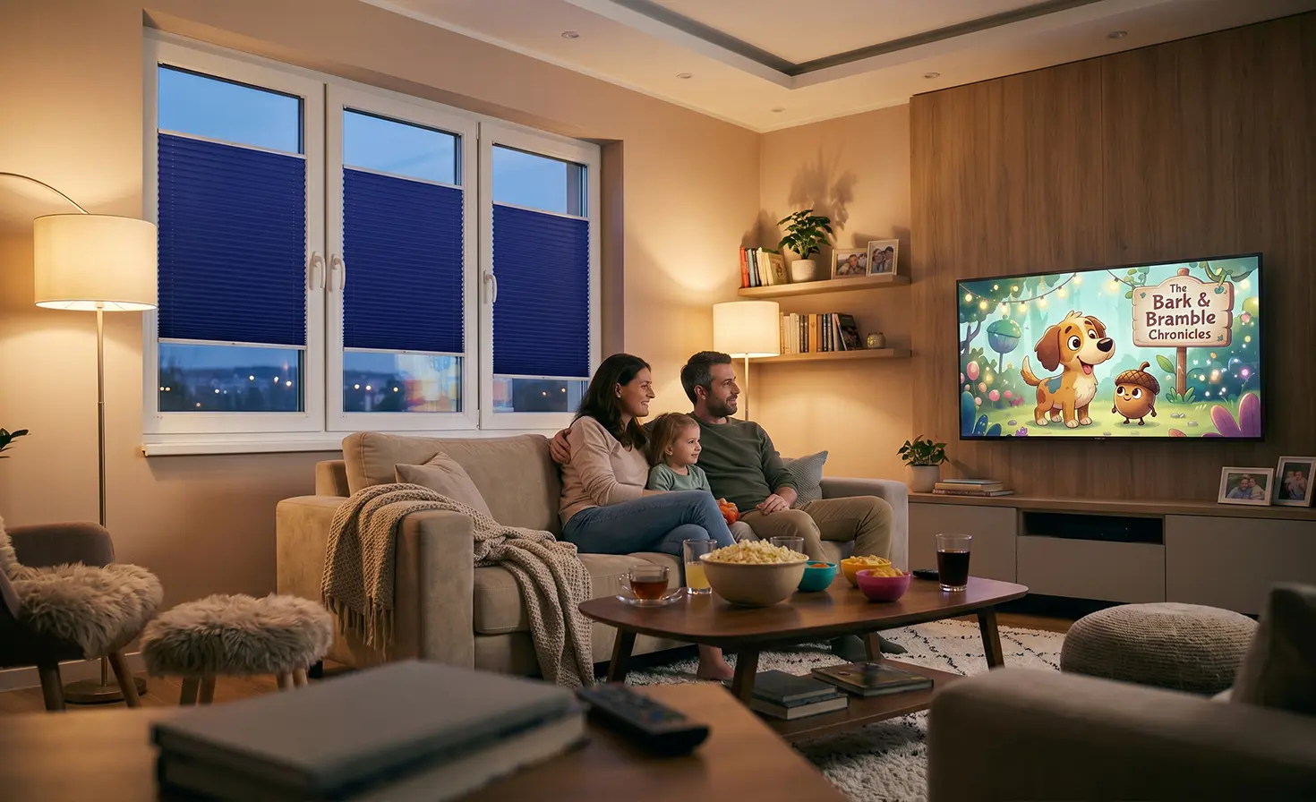 Rodzina siedząca na kanapie przed telewizorem oglądająca film w kinie domowym