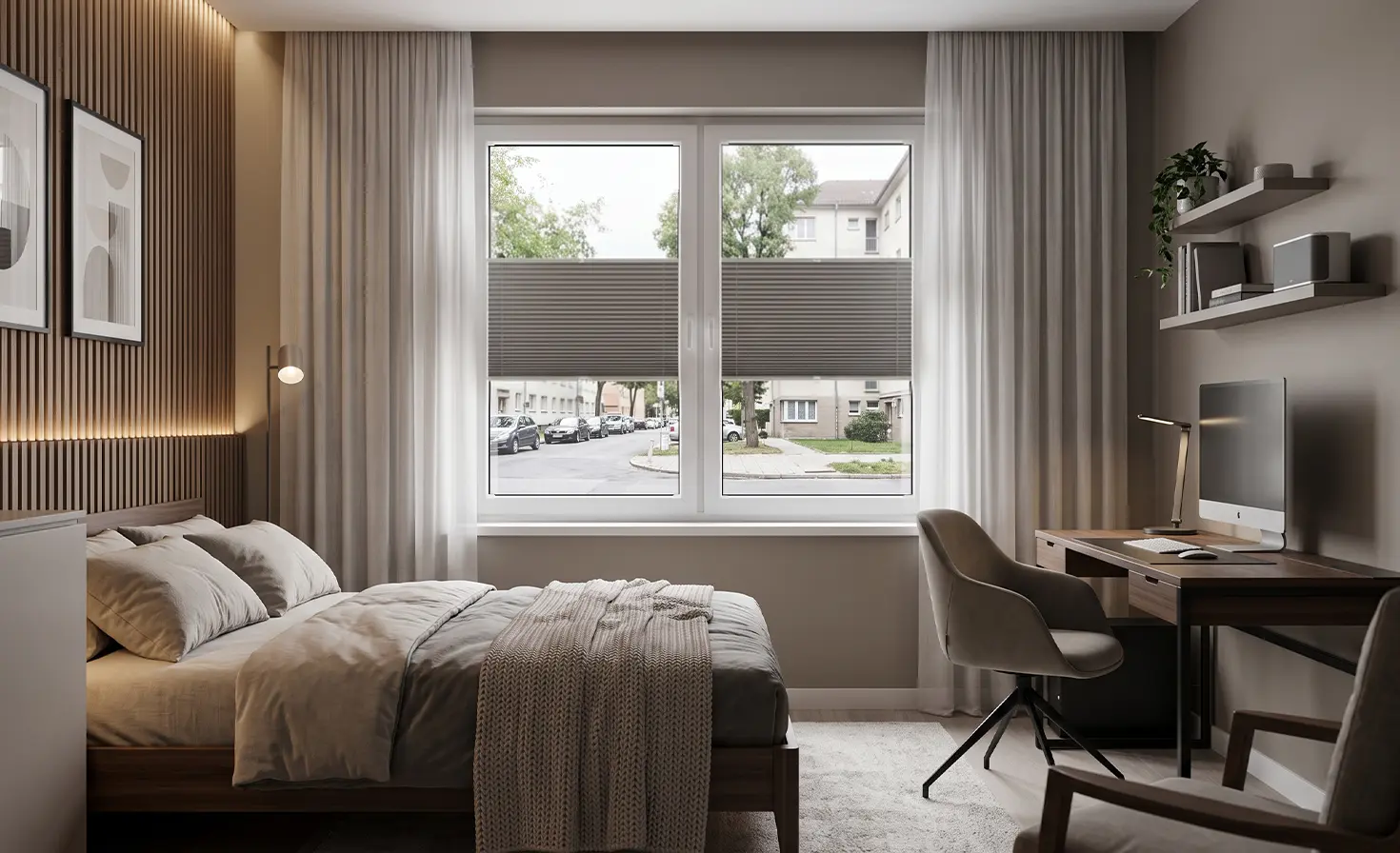 A modern teenager&rsquo;s room. In the background, a pleated blind provides privacy from outside views.