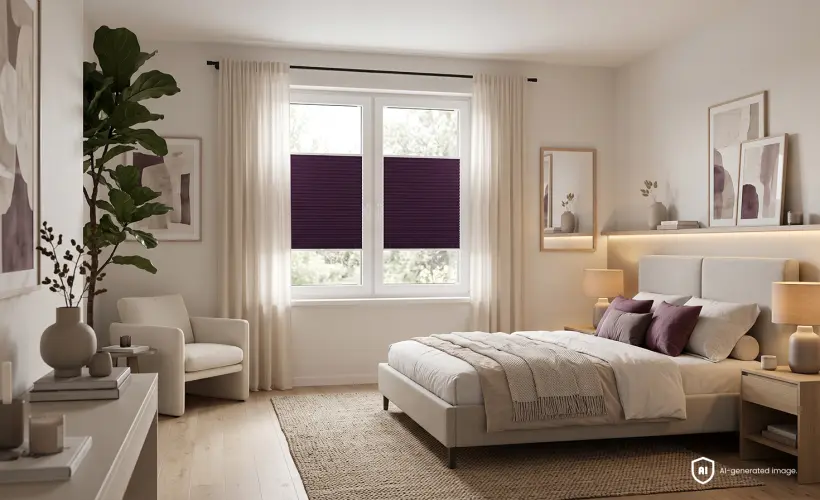 Duża i elegancka sypialnia z piękną plisą w kolorze dodatk&oacute;w.
