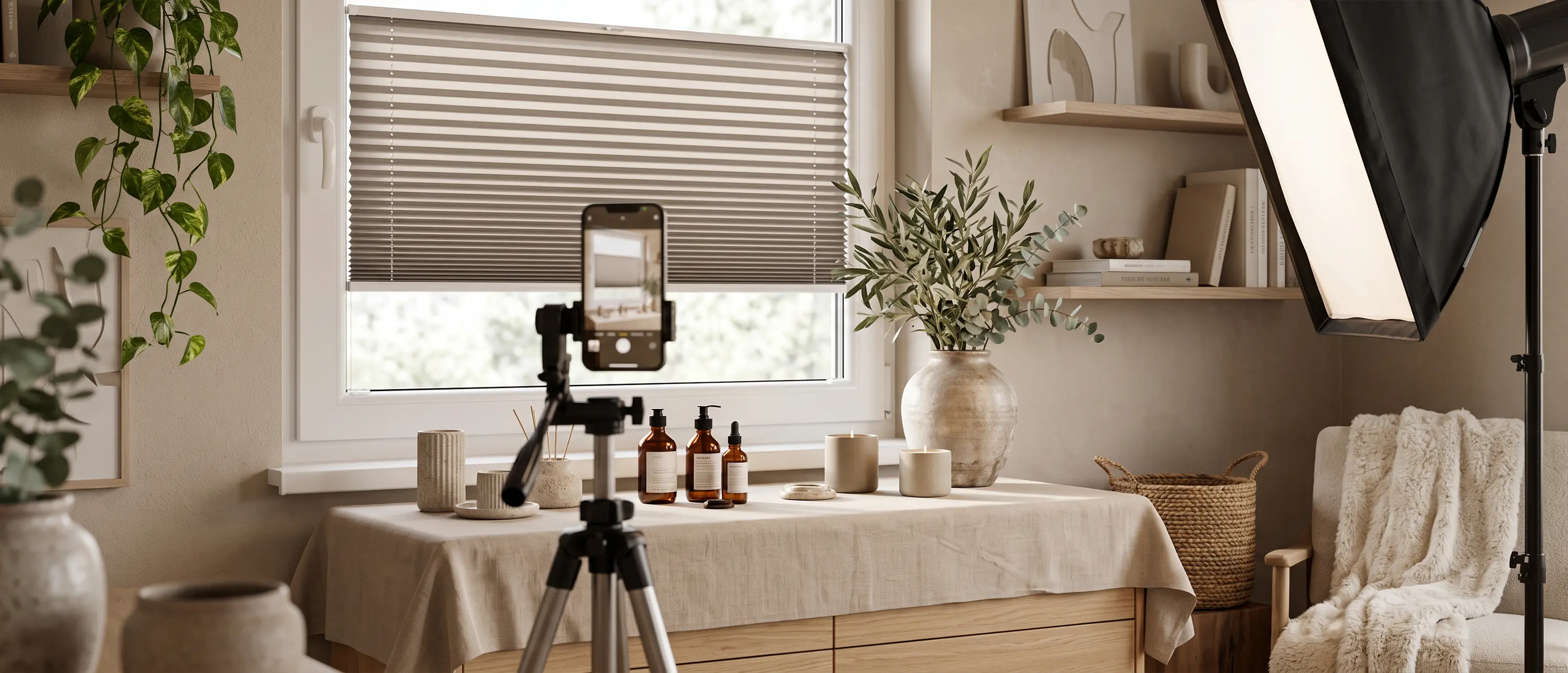 A home photography setup by the window, with a sand-coloured blackout pleated blind in the background.