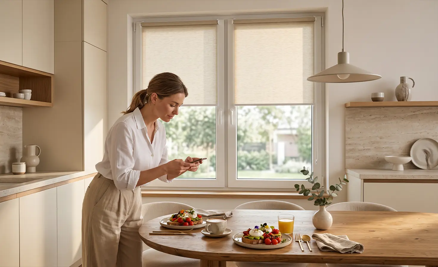 A woman photographing food with her phone in the kitchen, with beige standard roller blinds on the window in the background.