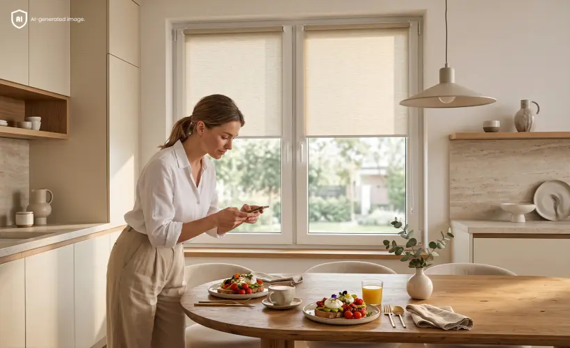 A woman photographing food with her phone in the kitchen, with beige standard roller blinds on the window in the background.