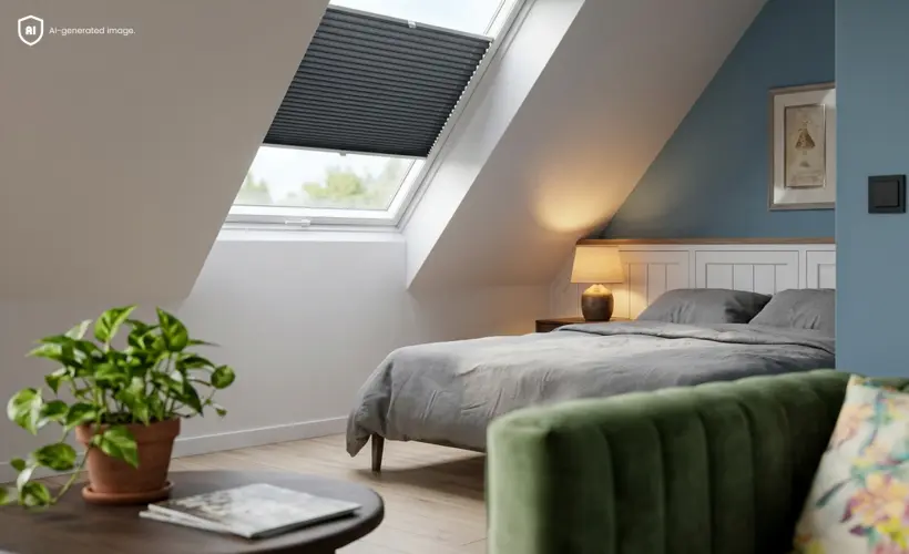 A modern attic bedroom with a grey roller blind on a roof window