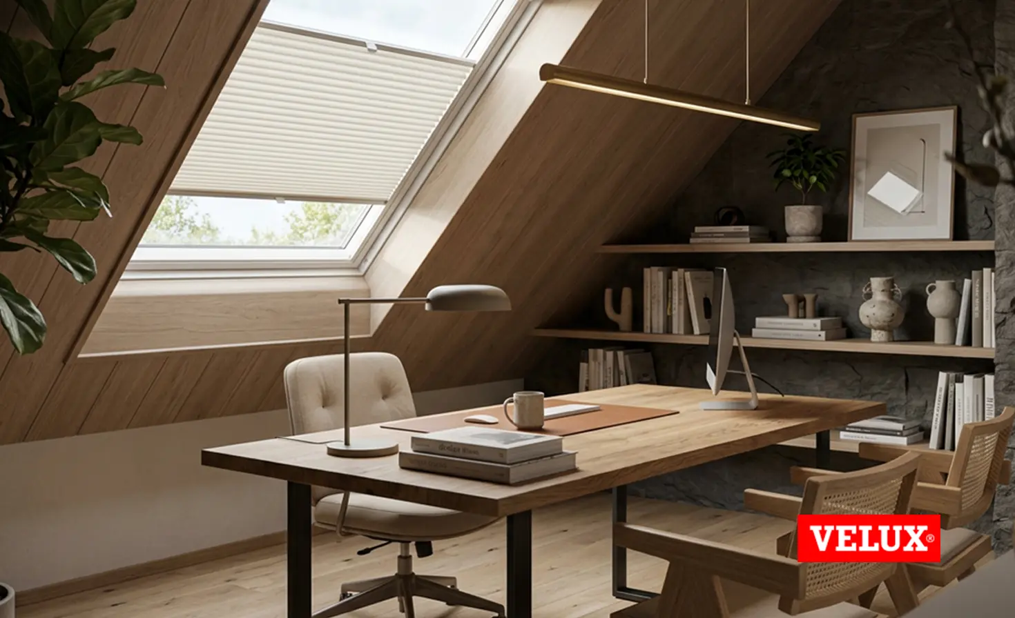 A cosy japandi-style office in the attic with a Velux roof window and a white roller blind