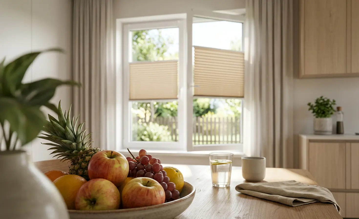 Fruit on a kitchen table in a spacious kitchen with standard ecru roller blinds