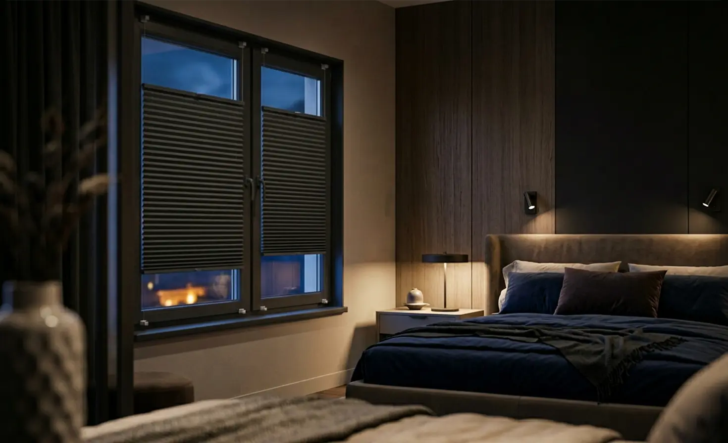 A dark, minimalist bedroom at night with a black blackout roller blind