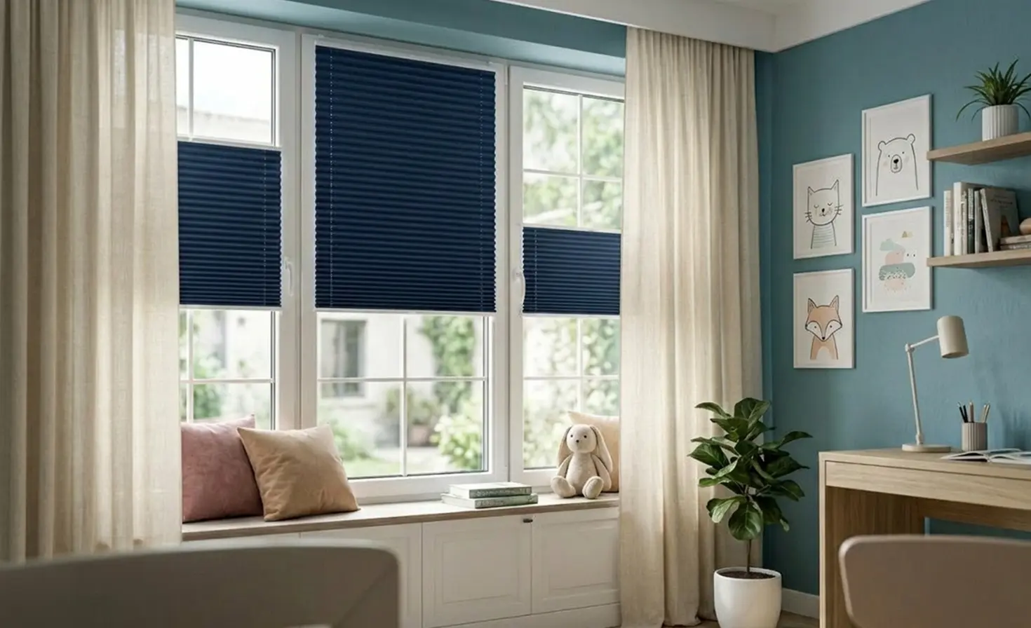 A blue children's room with navy blackout roller blinds on the window