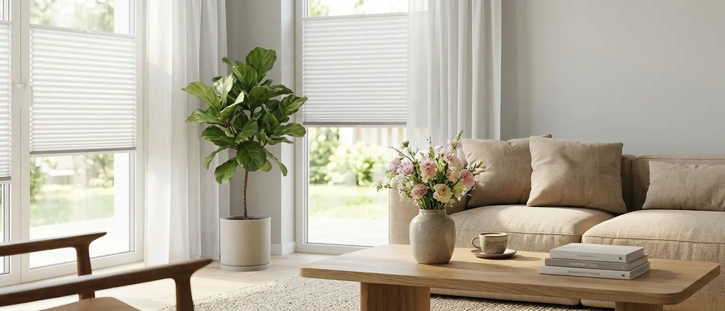 Słoneczny salon w nowoczesnym stylu z dużymi oknami i plisami standardowymi w kolorze białym