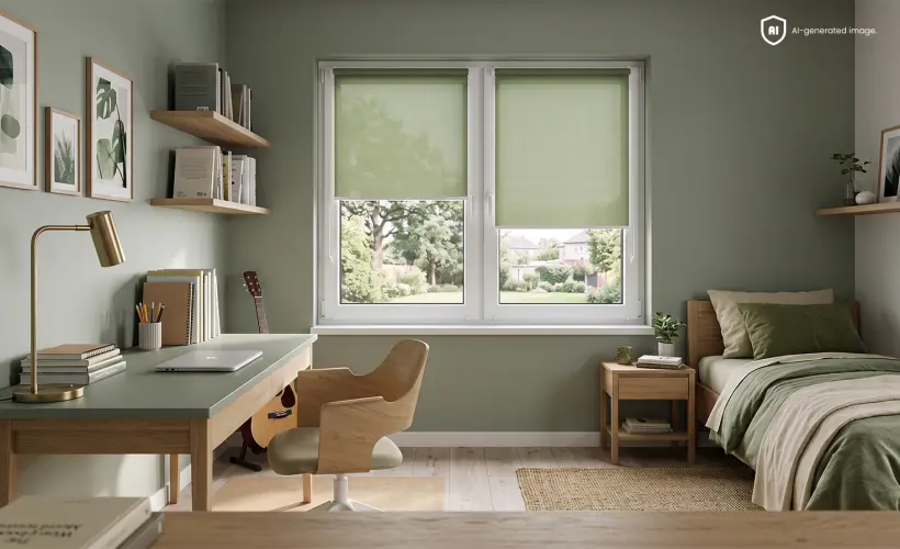 A green children’s room decorated in a modern style, with green standard blinds on the window.