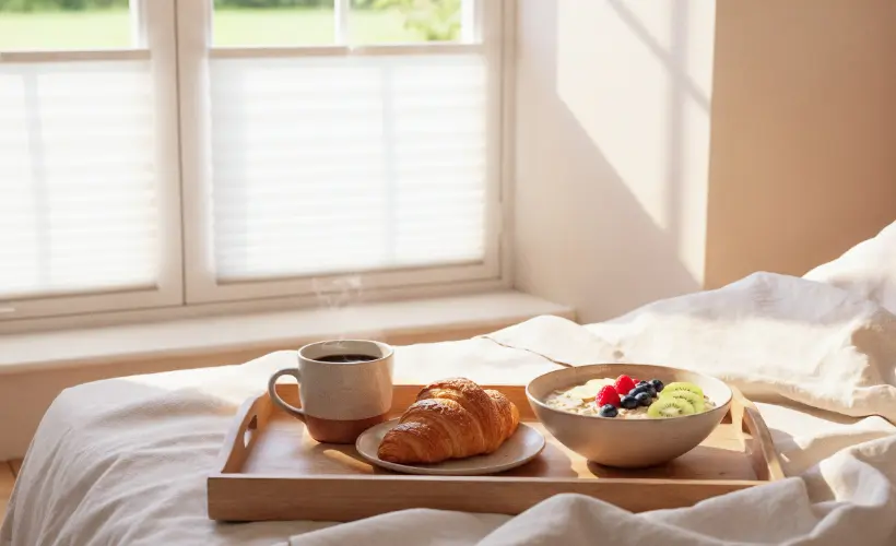 A breakfast tray placed on a bed beside a window fitted with white pleated blinds.