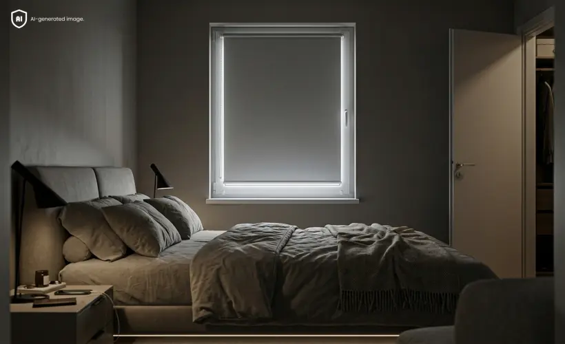 Dark bedroom in the morning with a grey blackout roller blind on the window