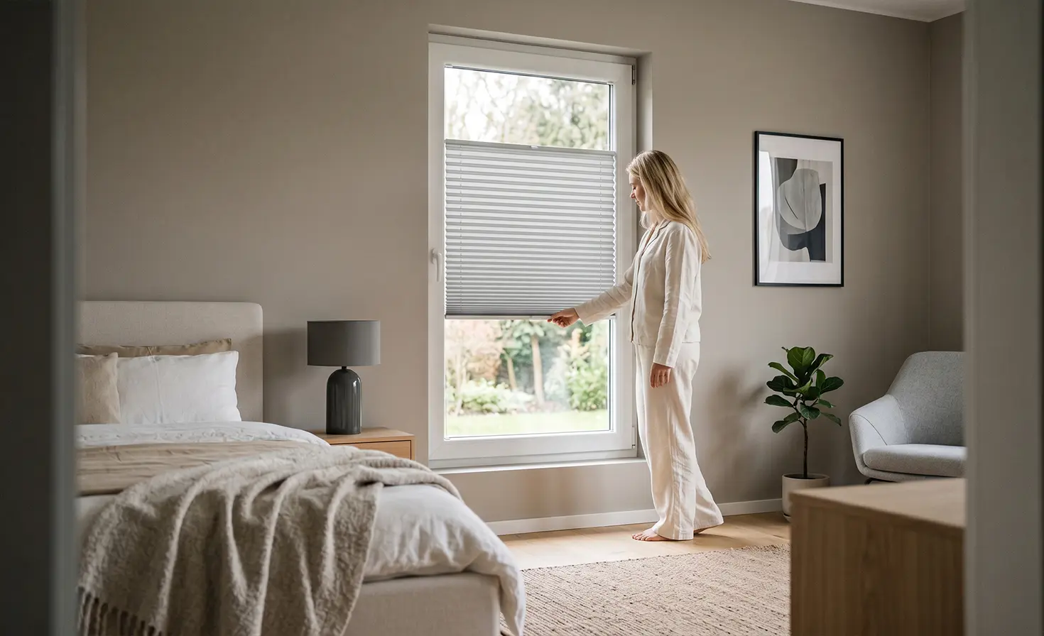 Woman in pyjamas standing in a bedroom, covering the window with a white pleated blind