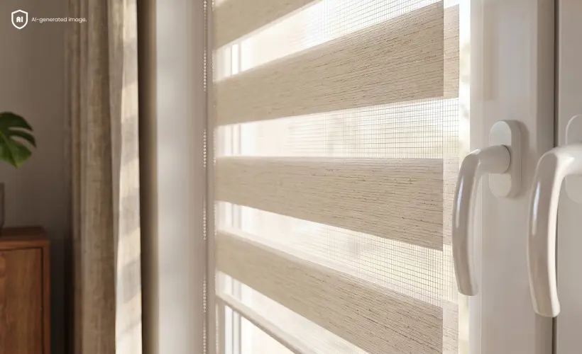 Close-up of a beige day-and-night blind on a window.