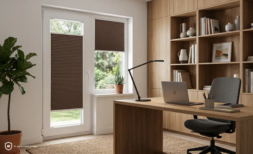 Small Scandinavian-style office with brown blackout pleated blinds on the windows.