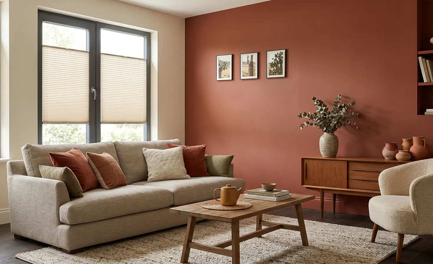 Living room in terracotta tones with beige accents and a standard beige pleated blind on the window.