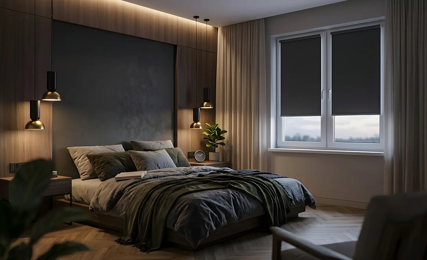 Ciemna, przytulna sypialnia z roletami zaciemniającymi w kolorze grafitowym na oknach