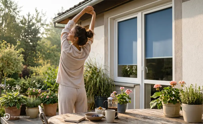 Woman in pyjamas stretching on the terrace in the morning, with a blue blind visible on the window in the background.