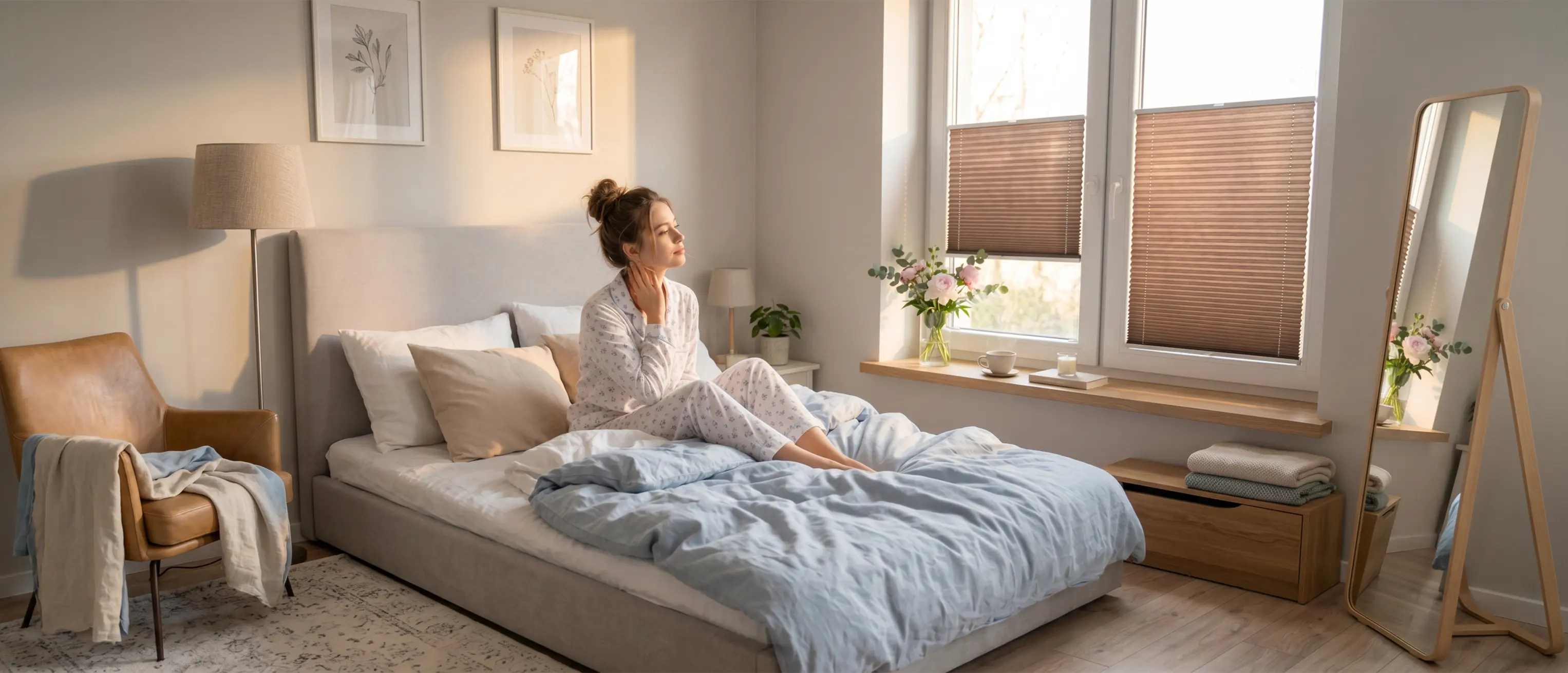 Woman in pyjamas sitting on a large bed, looking at a window fitted with a standard brown pleated blind.
