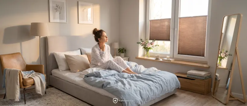 Woman in pyjamas sitting on a large bed, looking at a window fitted with a standard brown pleated blind.