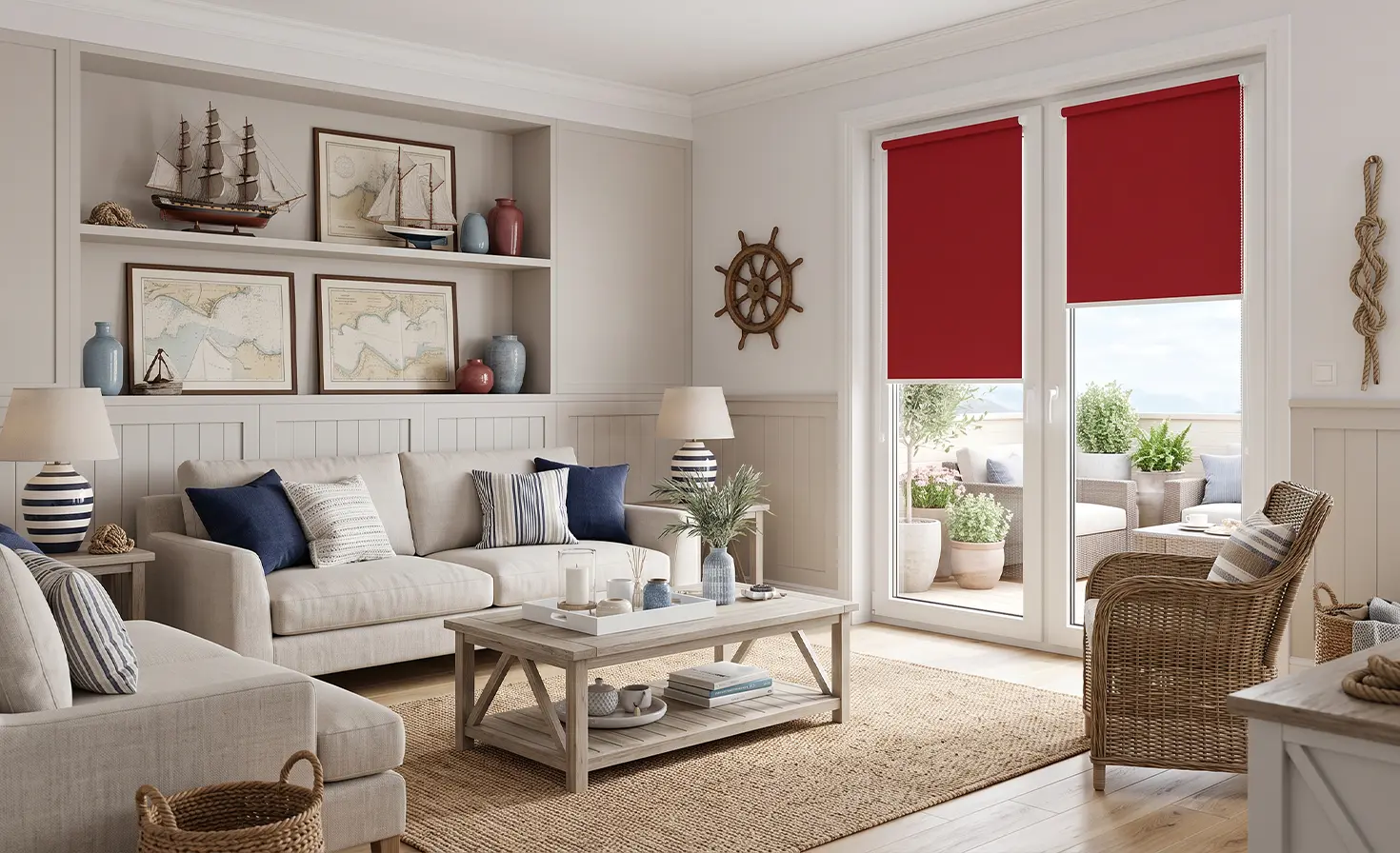 A bright nautical-style living room with red fabric roller blinds on the patio doors.
