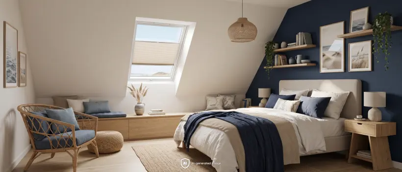 A cosy attic bedroom with a navy blue wall, wooden furniture and a pleated blind on the skylight window.