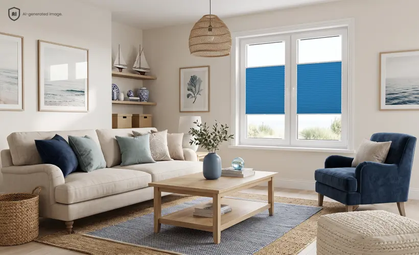 A nautical-style living room with blue pleated blinds covering the middle section of the windowpanes.