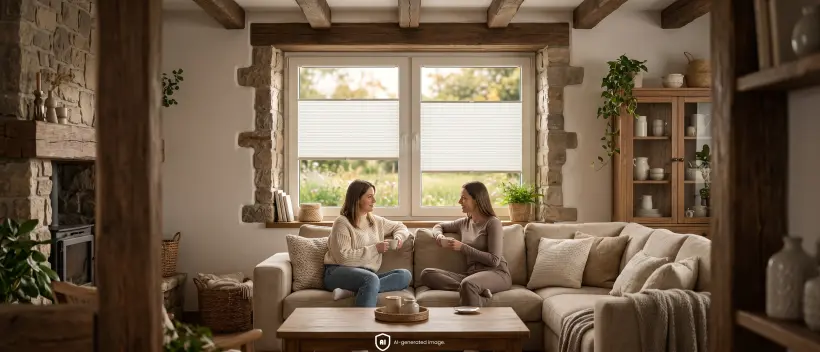 Women drinking coffee in a large rustic-style living room. In the background, light-coloured pleated blinds are visible on the window.