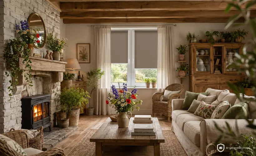 A rustic-style room with plenty of plants and wildflowers in a vase. Walnut-coloured roller blinds are fitted on the windows.