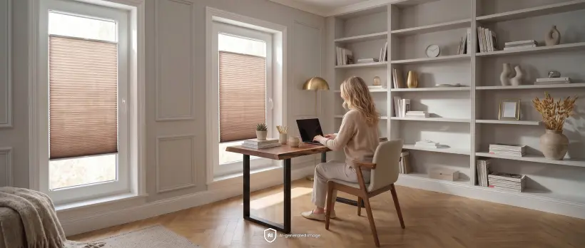 Woman working on a laptop at a desk in a bright office with standard brown pleated blinds on the windows.