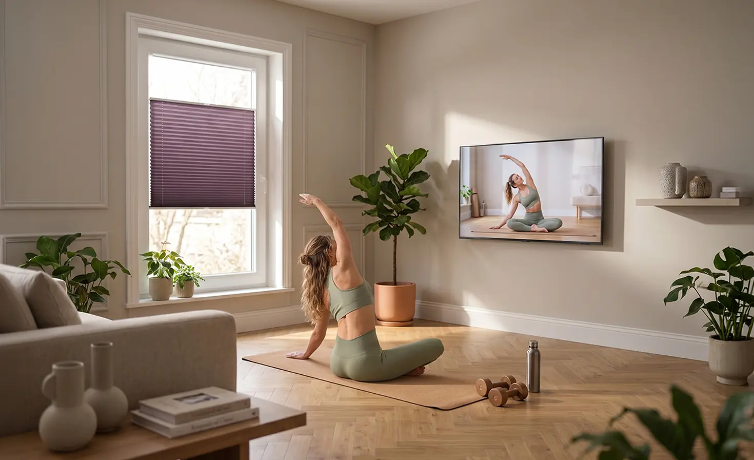 Woman doing yoga on a mat in a Scandinavian-style living room with a standard plum pleated blind on the window.