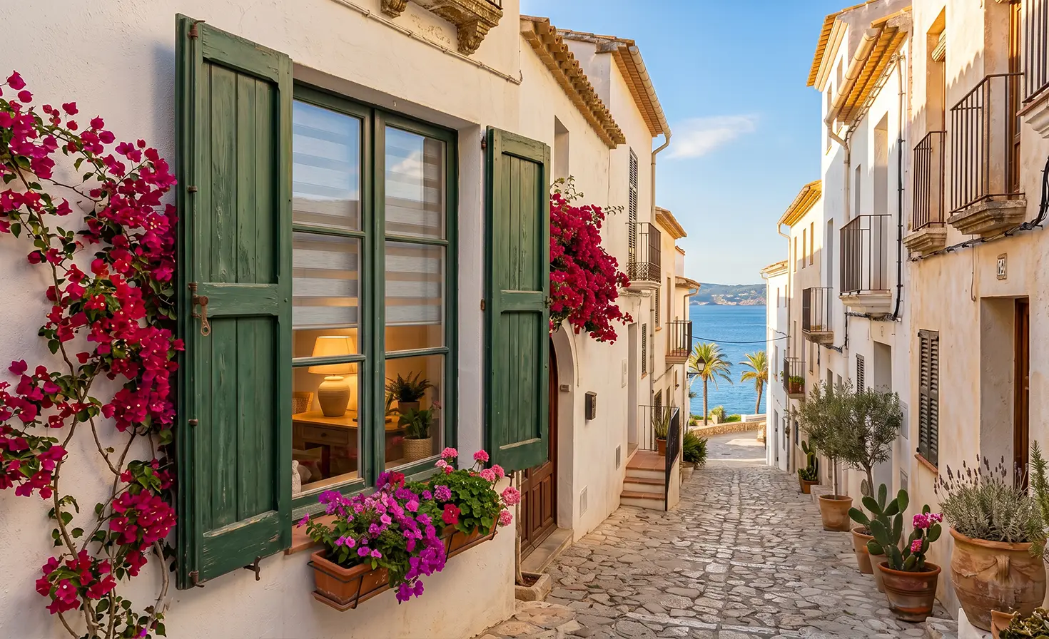 Charming Italian alley with shutters and grey day-and-night blinds in the windows.