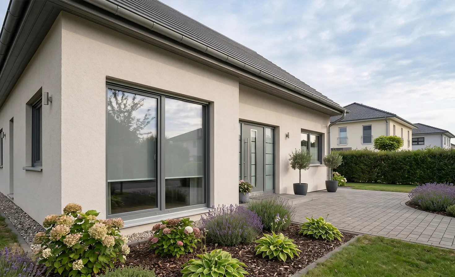 Modern grey house in a residential area with standard grey blinds on the window.