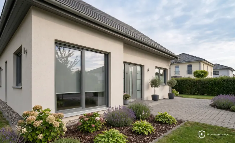 Modern grey house in a residential area with standard grey blinds on the window.