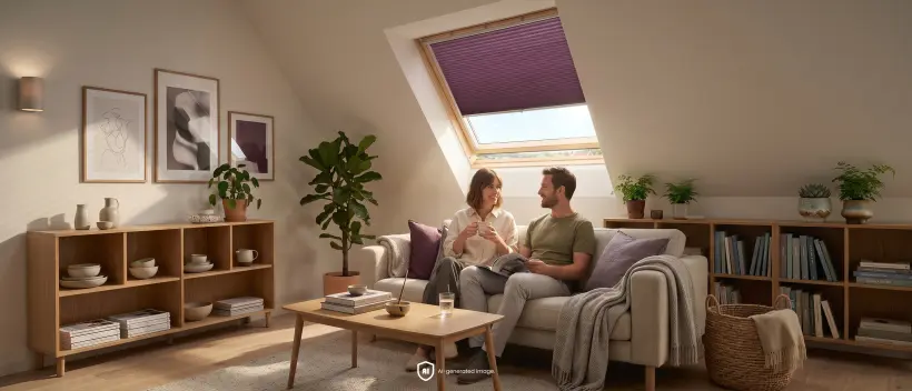 Couple sitting on a sofa in the attic with a plum-coloured skylight blind in the background